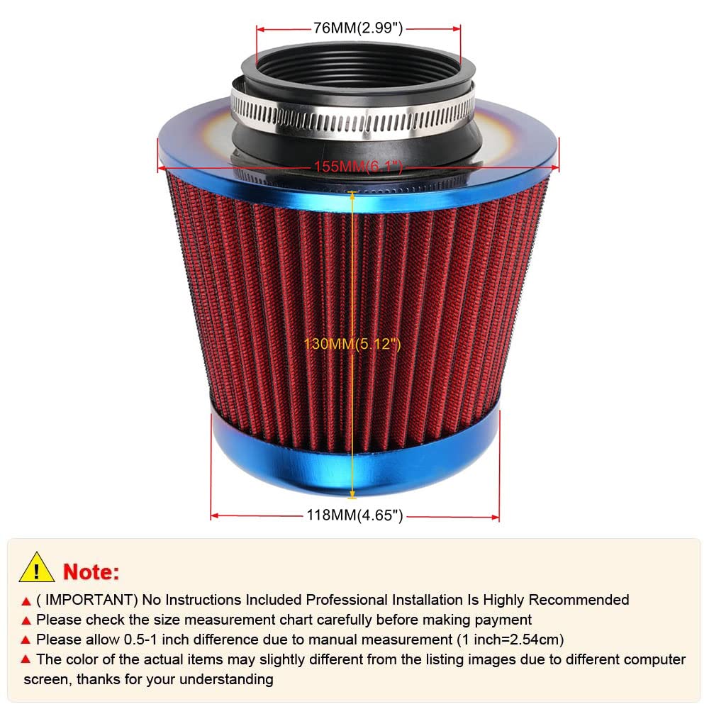 Cold Air Intake Filter, High Performance, Washable Filter, Clamp-On Replacement Air Filter, Flange Diameter 3Inch/76Mm Red
