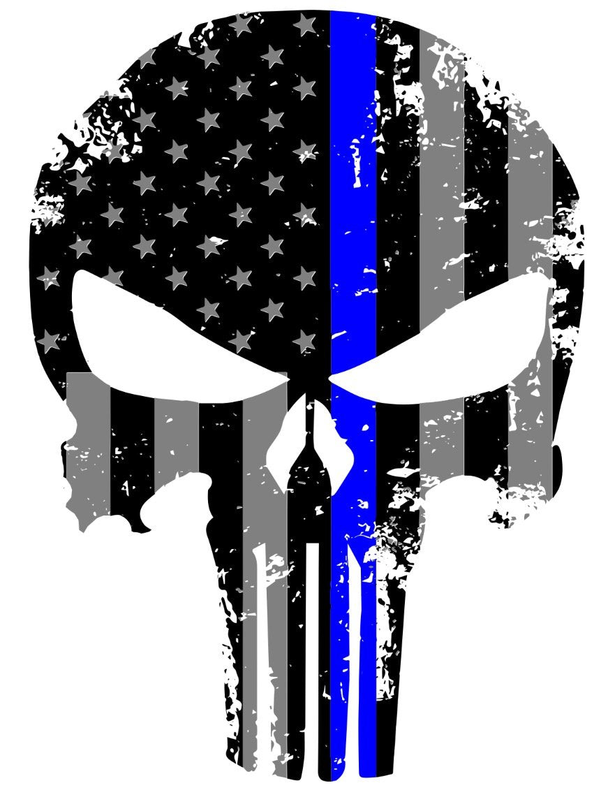 K9King Punisher Skull 5.5 X 4 Inch Tattered Subdued Us Flag Reflective Decal With Thin Blue Line For Cars, Trucks, Laptops And M