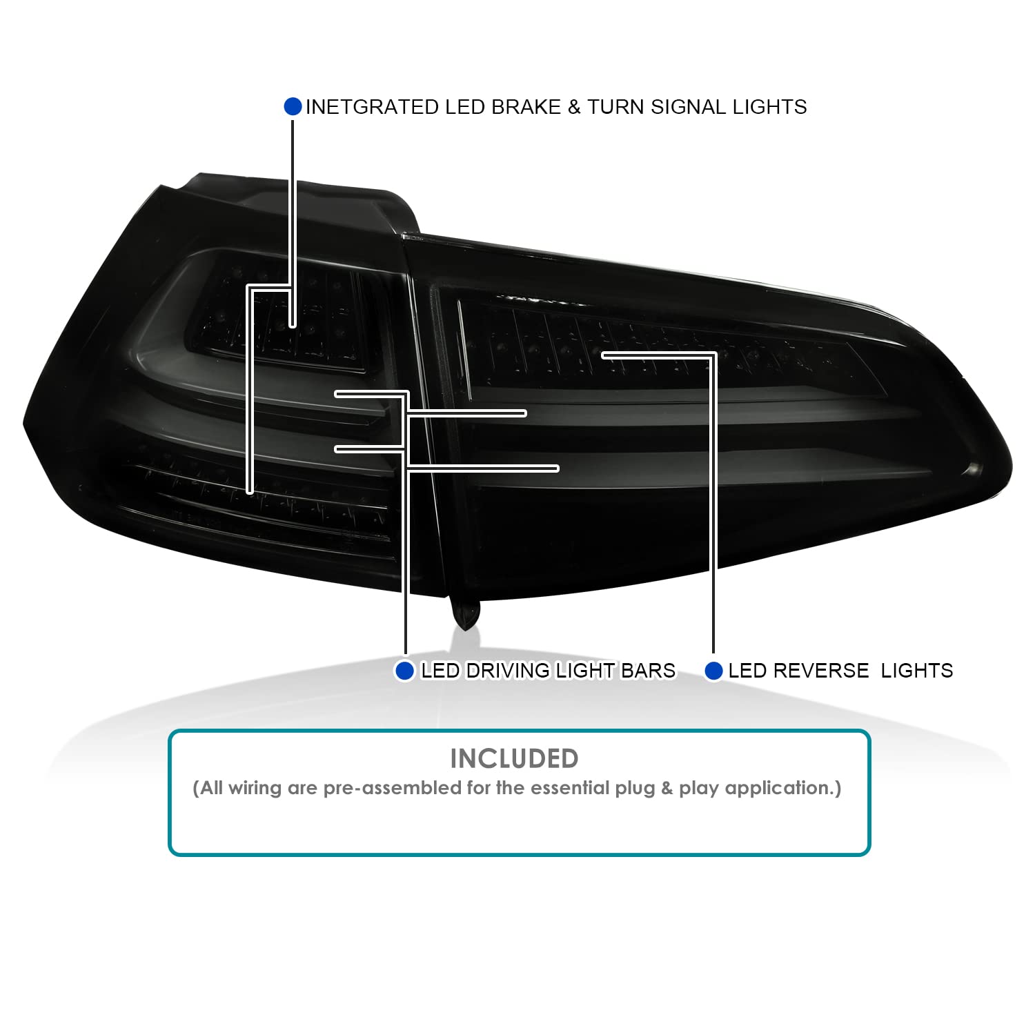 Spec-D Tuning Glossy Black Led Tail Lights Brake Lamps Compatible With 2015-2017 Volkswagen Golf Gti Models, Left + Right Pair Assembly