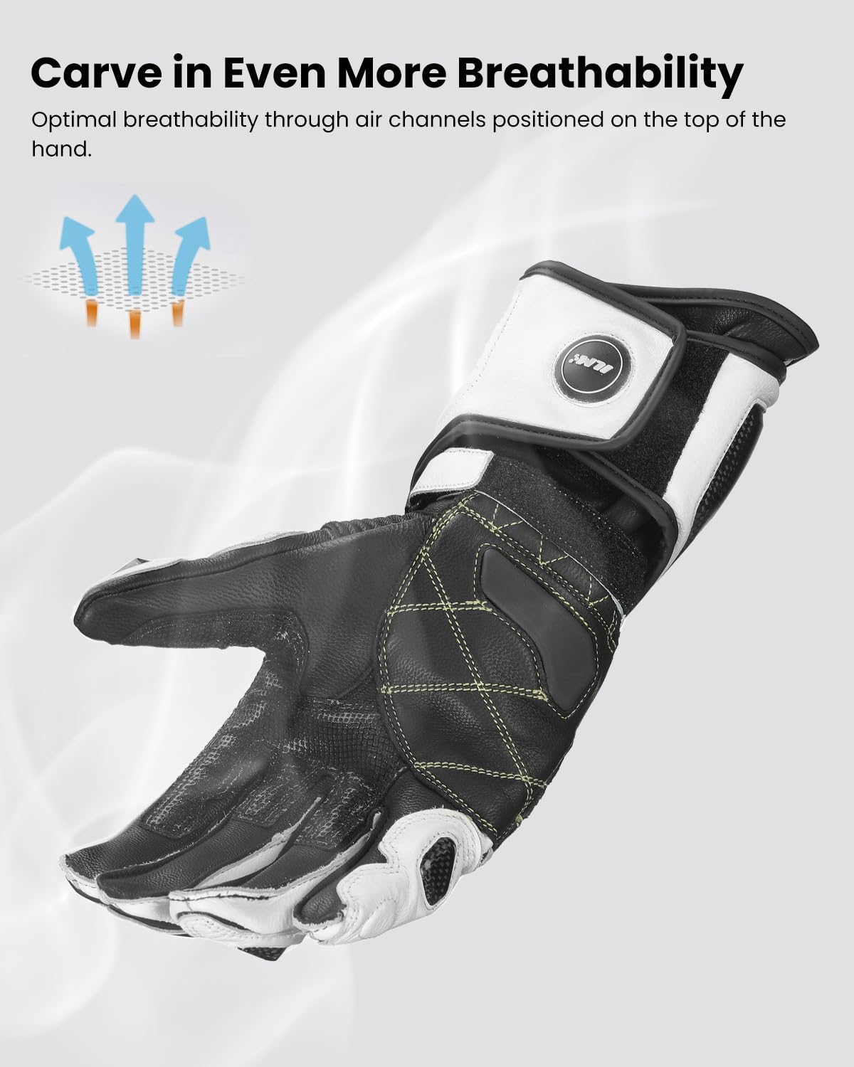 ILM Air Flow Leather Motorcycle Gloves for Men and Women Model-GRC01L (M, White-Long)