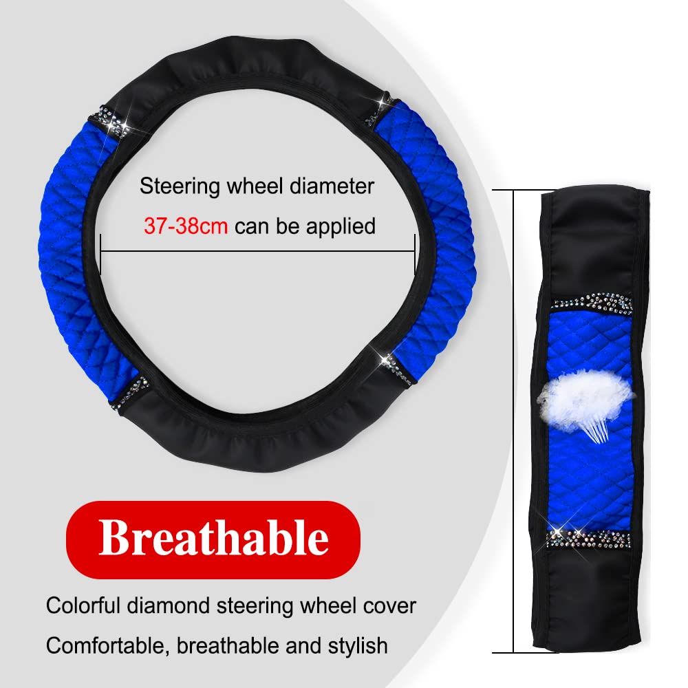 Bling Soft Leather Steering Wheel Cover, Anti-Slip Car Steering Wheel Protector, 15 Inch Rhinestones Soft Leather Elastic Steeri