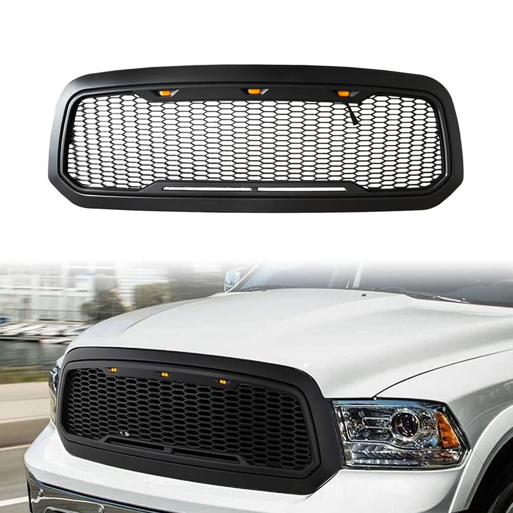 DIBON AUTO Front Honeycomb Grill Compatible for Dodge RAM 1500 2013-2018 Dodge RAM 1500 Classic 2019-2021 Grille Matte Black wit