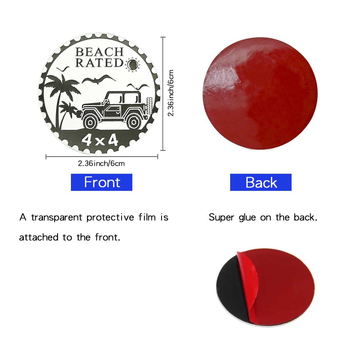 2 PCS Beach Badge Rated Car Emblem, 4 x 4 Metal Automotive Badge, 3D Round Metal Car Badges Emblems, Car Badge Decals Stickers C