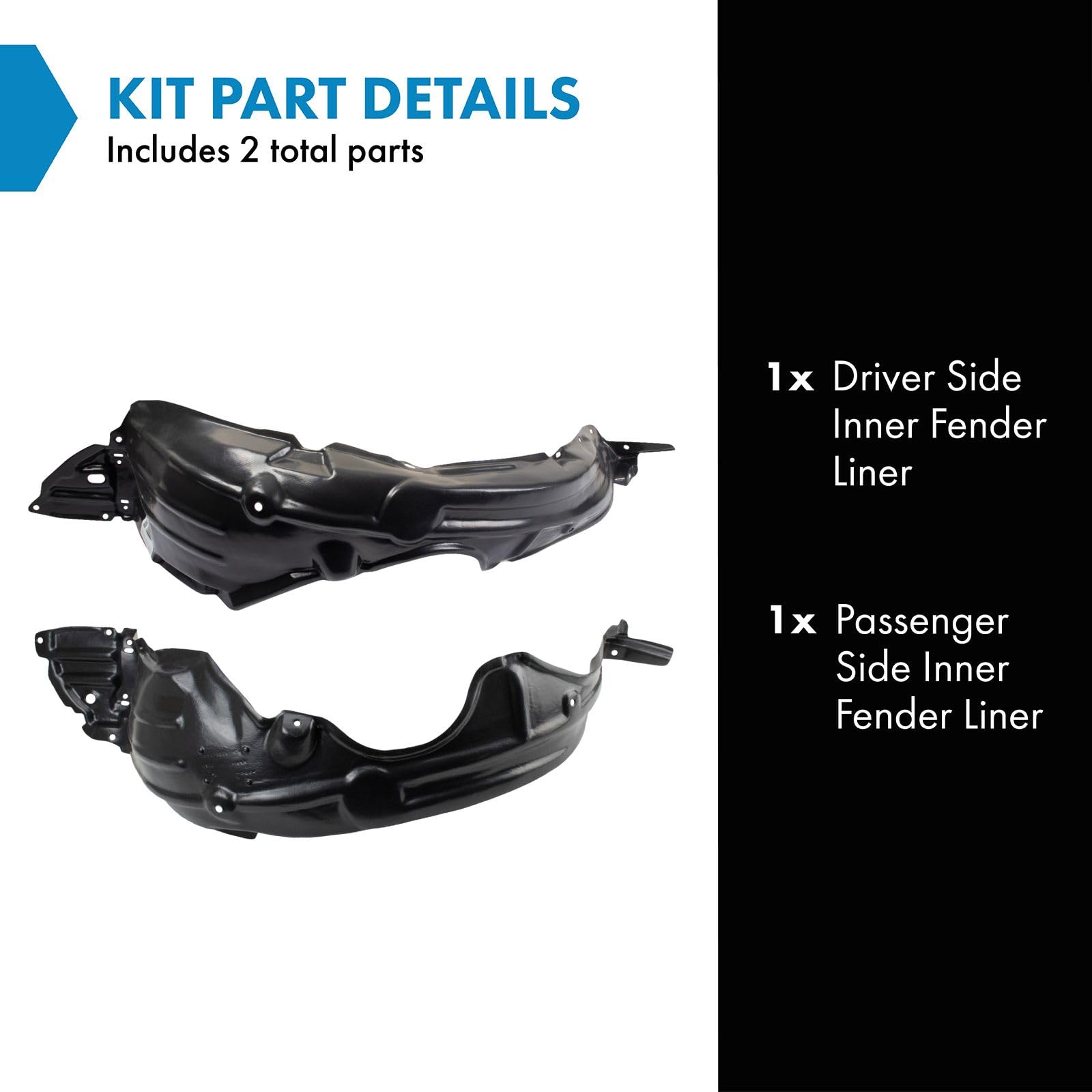 TRQ Inner Fender Liner Set for 2007-2011 Toyota Yaris, Black, Plastic, Model BDA14899