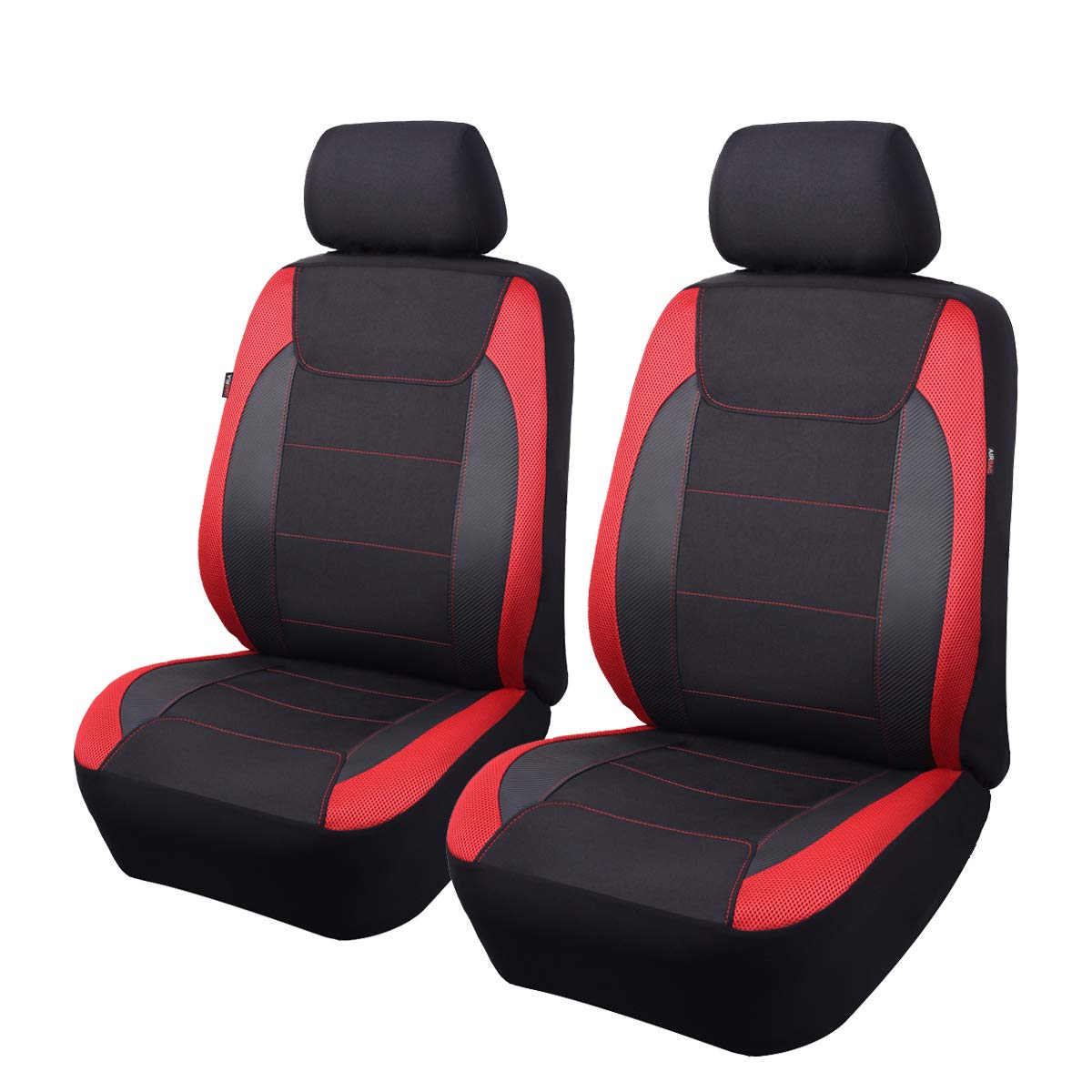 Flying Banner Car Seat Covers Quality Carbon Fiber Faux Leather Mesh Fabric Sport Low High Back Bucket Back Pocket Arm Rest Car Suv Truck Pick Up (2 Fronts - Low Bucket, Red)