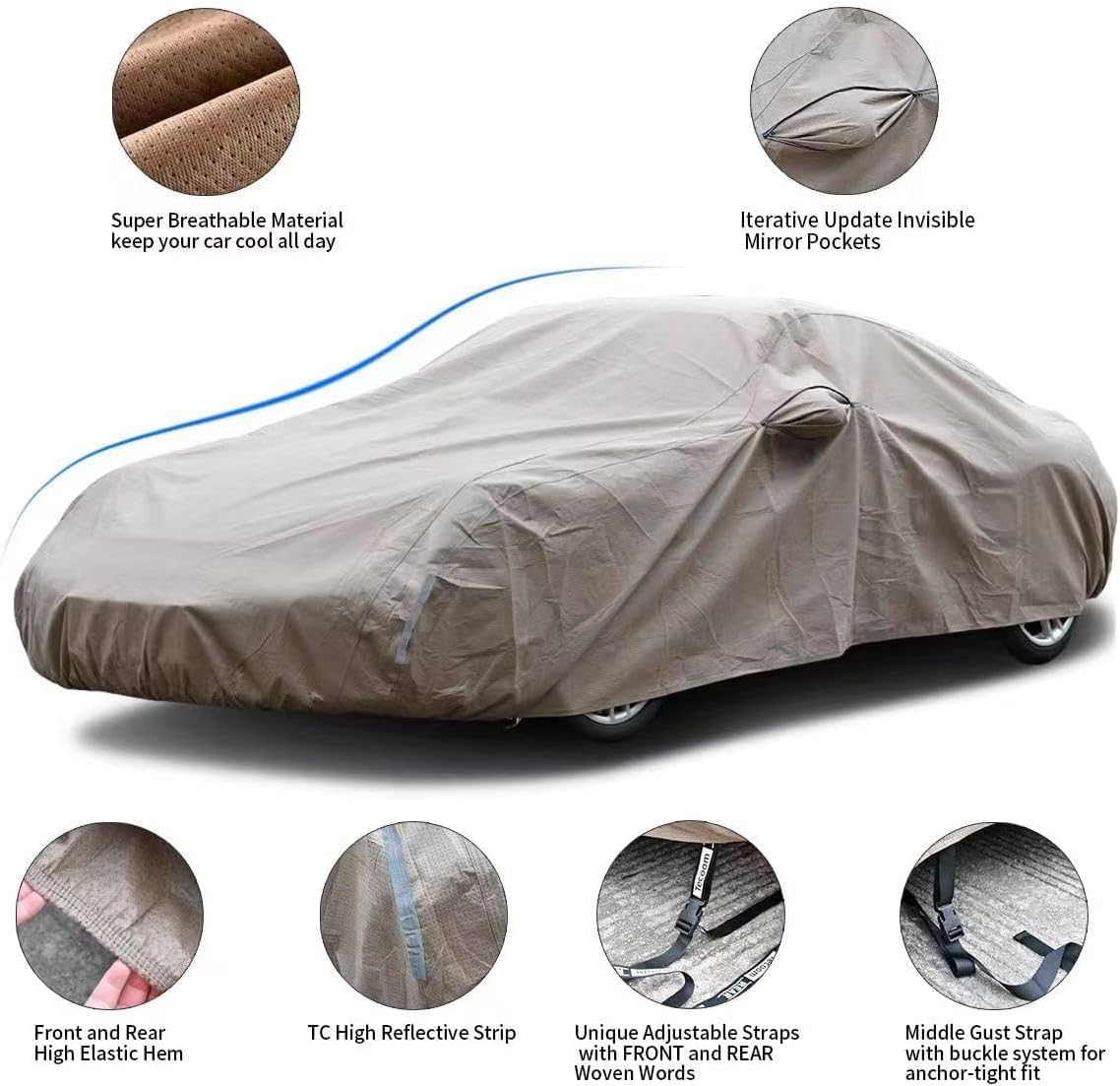 Tecoom Car Cover Waterproof All Weather, Non-Woven Breathable Outdoor Full Covers For Automobiles With Zipper Pockets Sun Uv Win