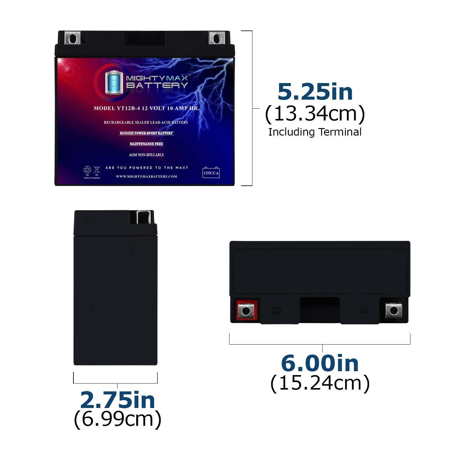 Mighty Max Battery Yt12B-4-12 Volt 10 Ah, 125 Cca, Rechargeable Maintenance Free Sla Agm Motorcycle Battery