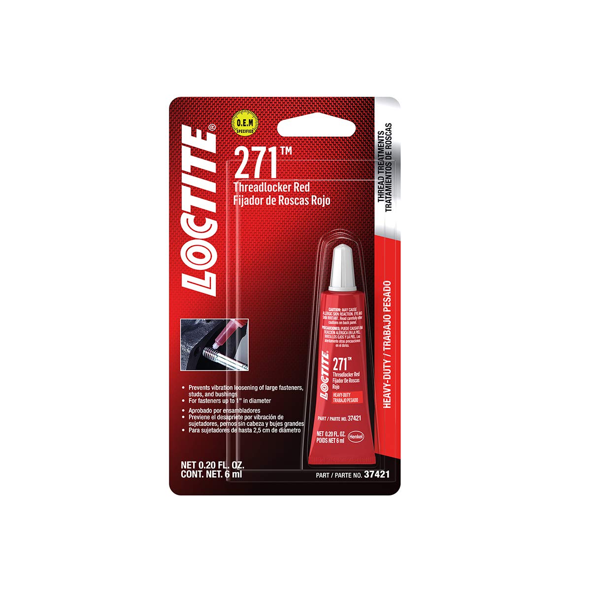 Loctite 271 Automotive Threadlocker Red - High Strength Thread Lock, Fluorescent, Heavy-Duty, Works On All Metals - 6 Ml, 1 Pack