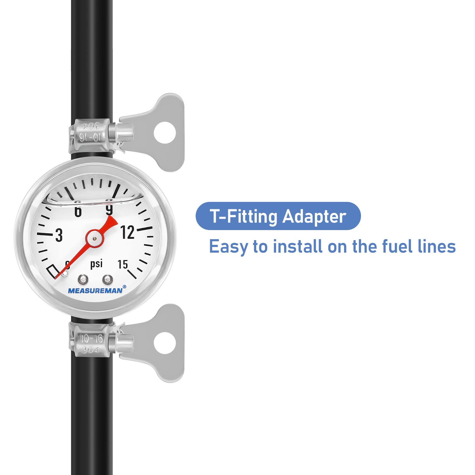 Measureman Fuel Pressure Gauge Kit 0-15Psi Stainless Steel Glycerin Filled, 1-1/2'' Dial Size, With 5/16'' Fuel Line Fuel Pressu