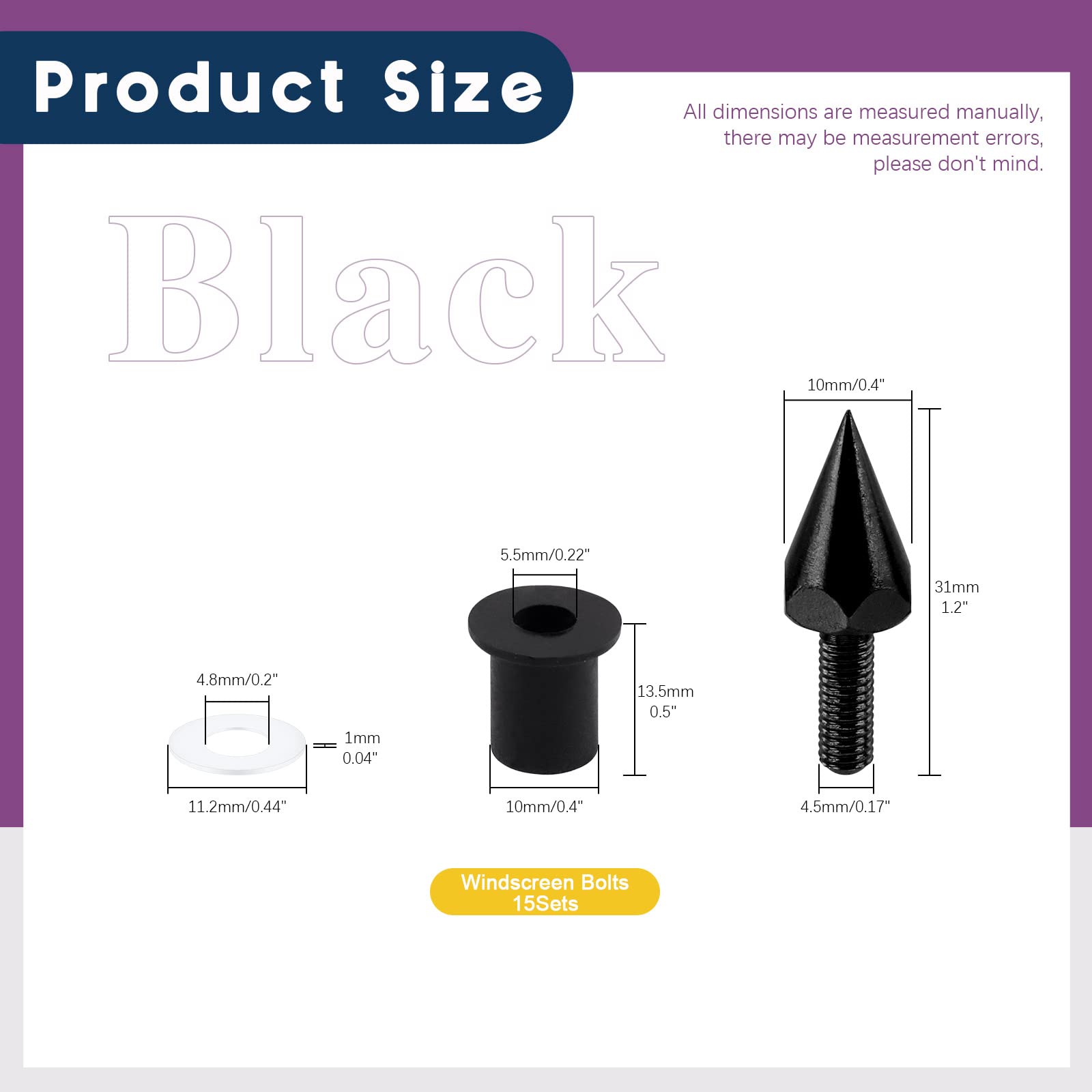 Swpeet 15Pcs Windshield Screws Aluminum Spike Motorcycle Windscreen Bolts Kit, Motorcycle Spike Bolt Screw Short Impaler Compatible With Most Motorcycle Modification Accessorie (Black)