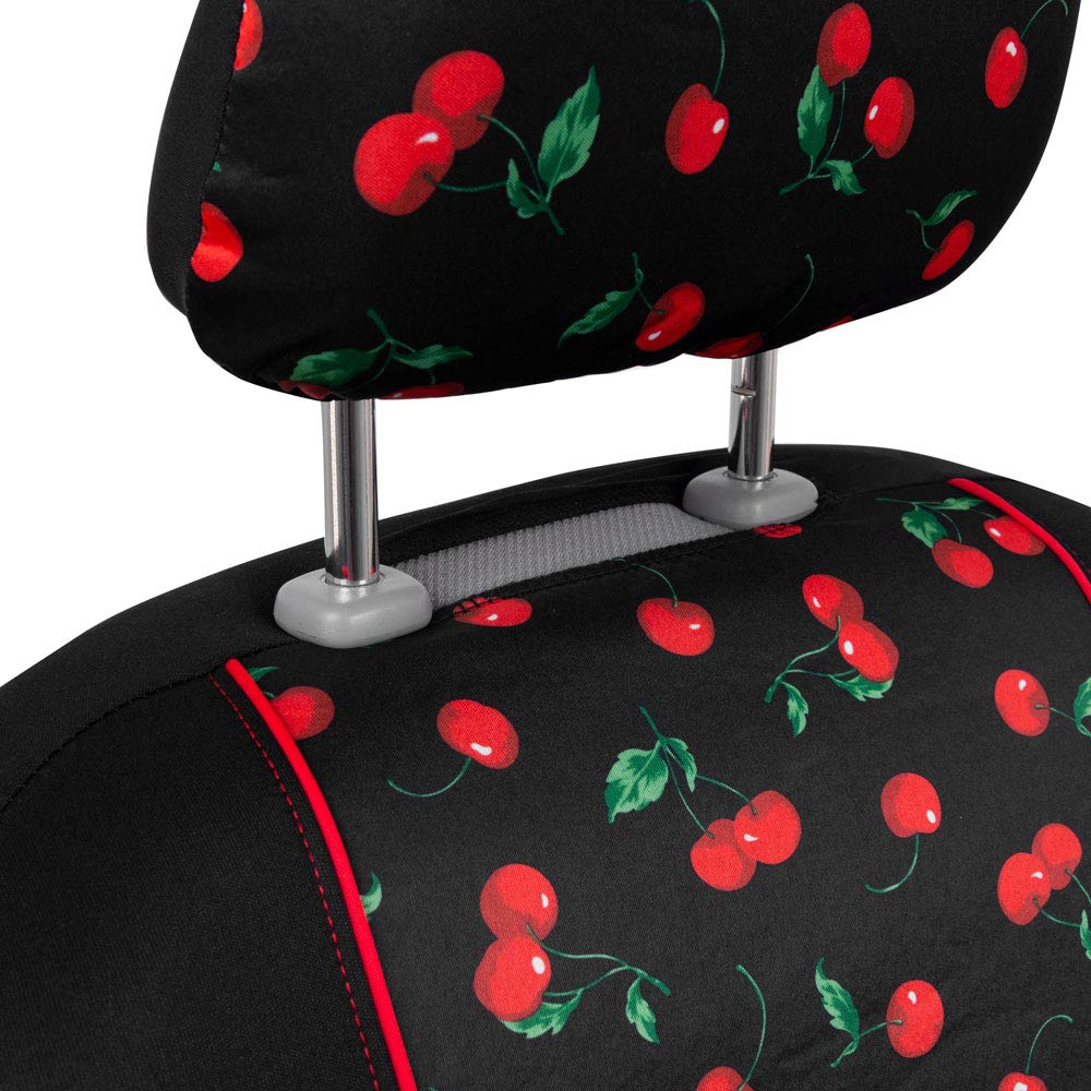 Bdk Red Cherry Car Seat Covers For Front Seats, 2 Pack - Classic Pattern With Matching Headrest, Sideless Design For Easy Instal