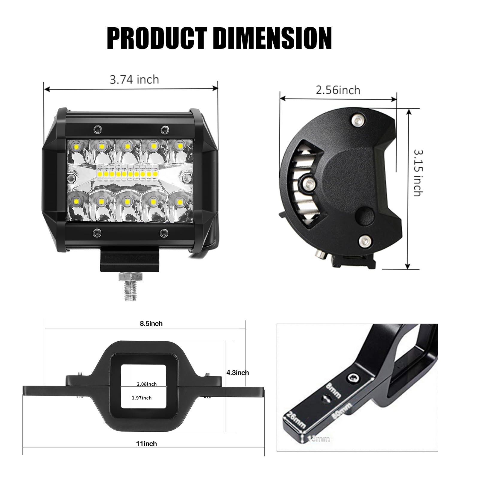 Hitch Led Light, Ebestauto 4 Inch Tow With 2 Inch Towing Hitch Mount Brackets Bar For Truck Trailer Suv Pickup Fit Dual Led Off-