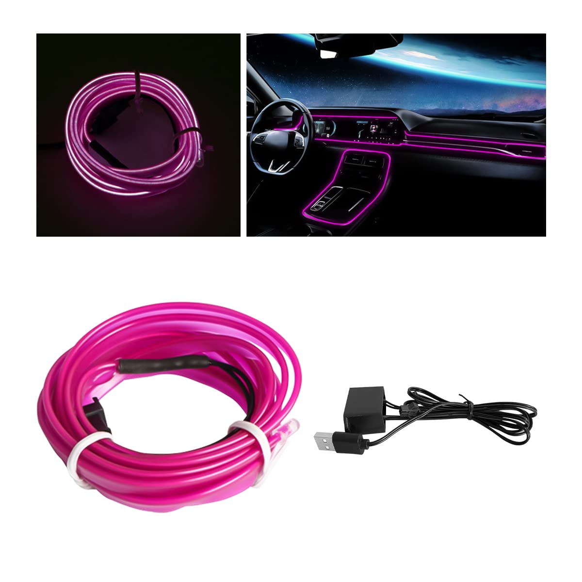 El Wire Interior Car Led Strip Lights, 10Ft/3M Usb Auto Neon Light Strip With Sewing Edge, Electroluminescent Car Ambient Lighting Kits With Fuse Protection, Car Decoration Accessories (Purple/10Ft)