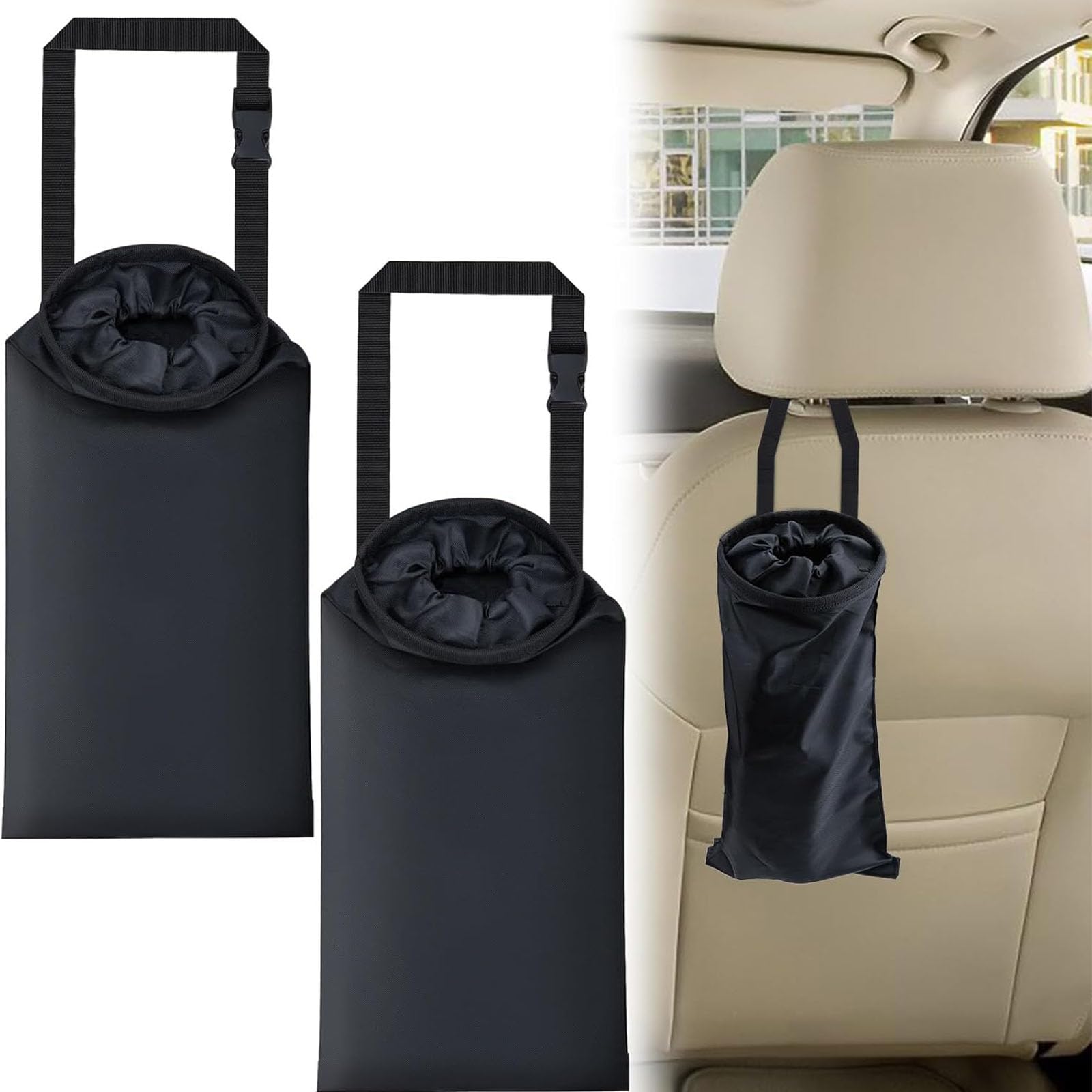KSAIBINID 2 Piece Car Dust Bins, Car Dustbin Set, Small Car Dustbin for Travel and Commuting, Black Cylindrical Car Dust Bins