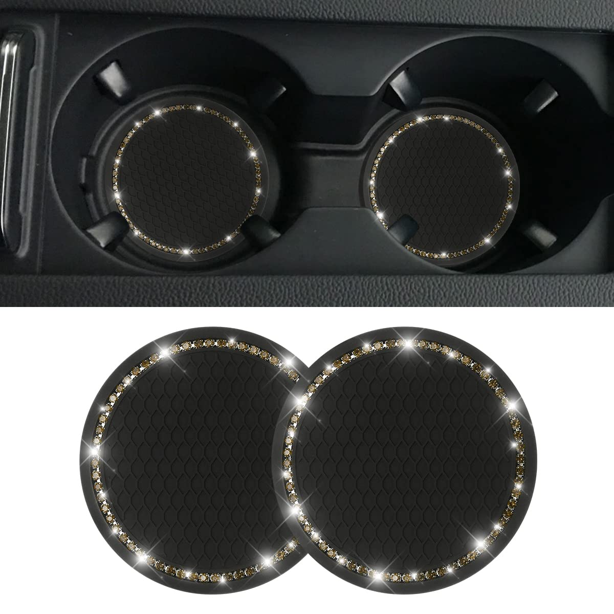 2 Pack Car Bling Cup Holder Coaster, 2.75 Inch Crystal Rhinestone Car Cup Holder Insert Coaster,Universal For Cars, Vehicles, Suvs, Car Interior Accessories For Women And Men (Black/Gray)