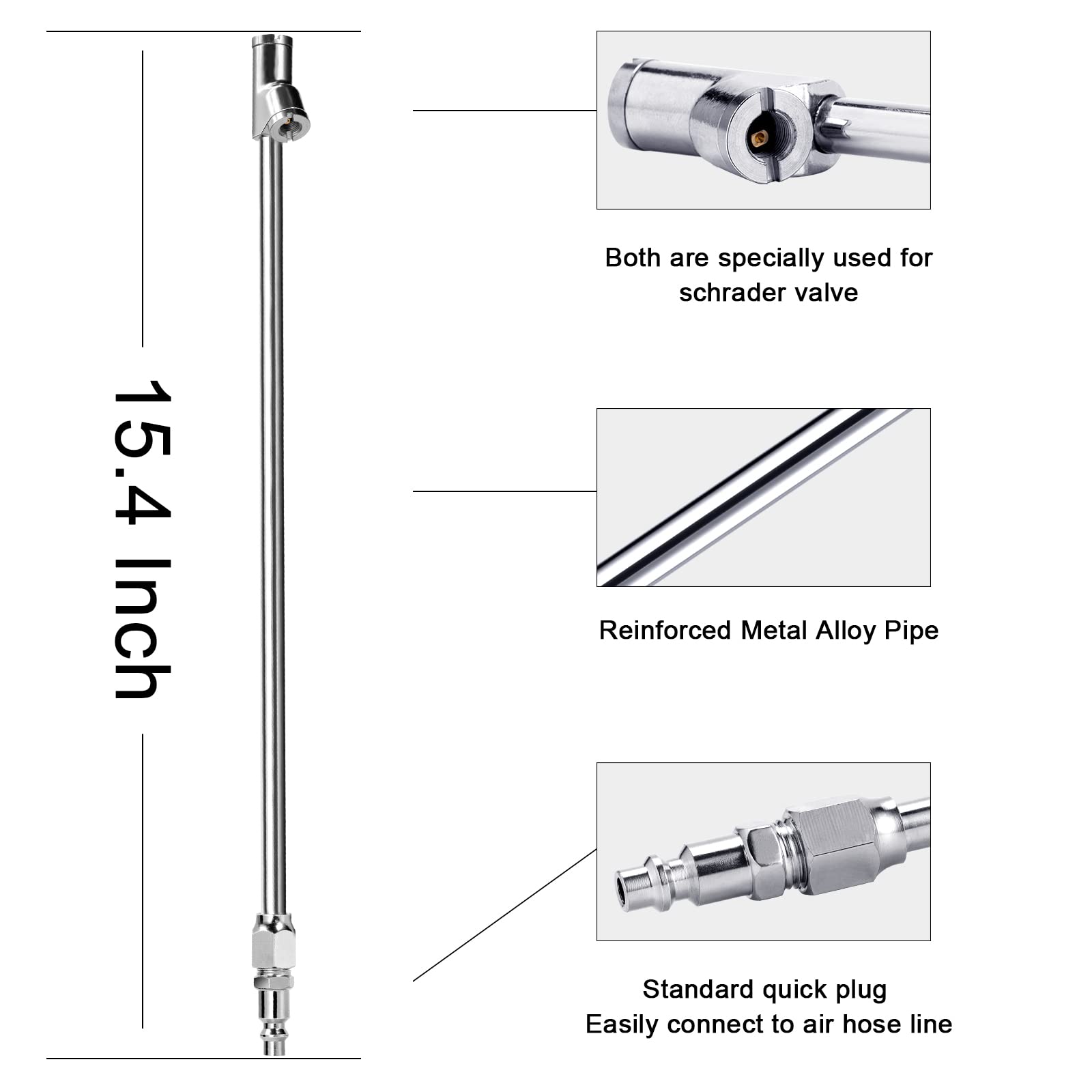 LUMITECO 2-Way Connection 13.8'' Extended Air Chuck Set, 1/4 in FNPT Straight Foot Dual Head Tire Inflate Chuck with Standard Qu