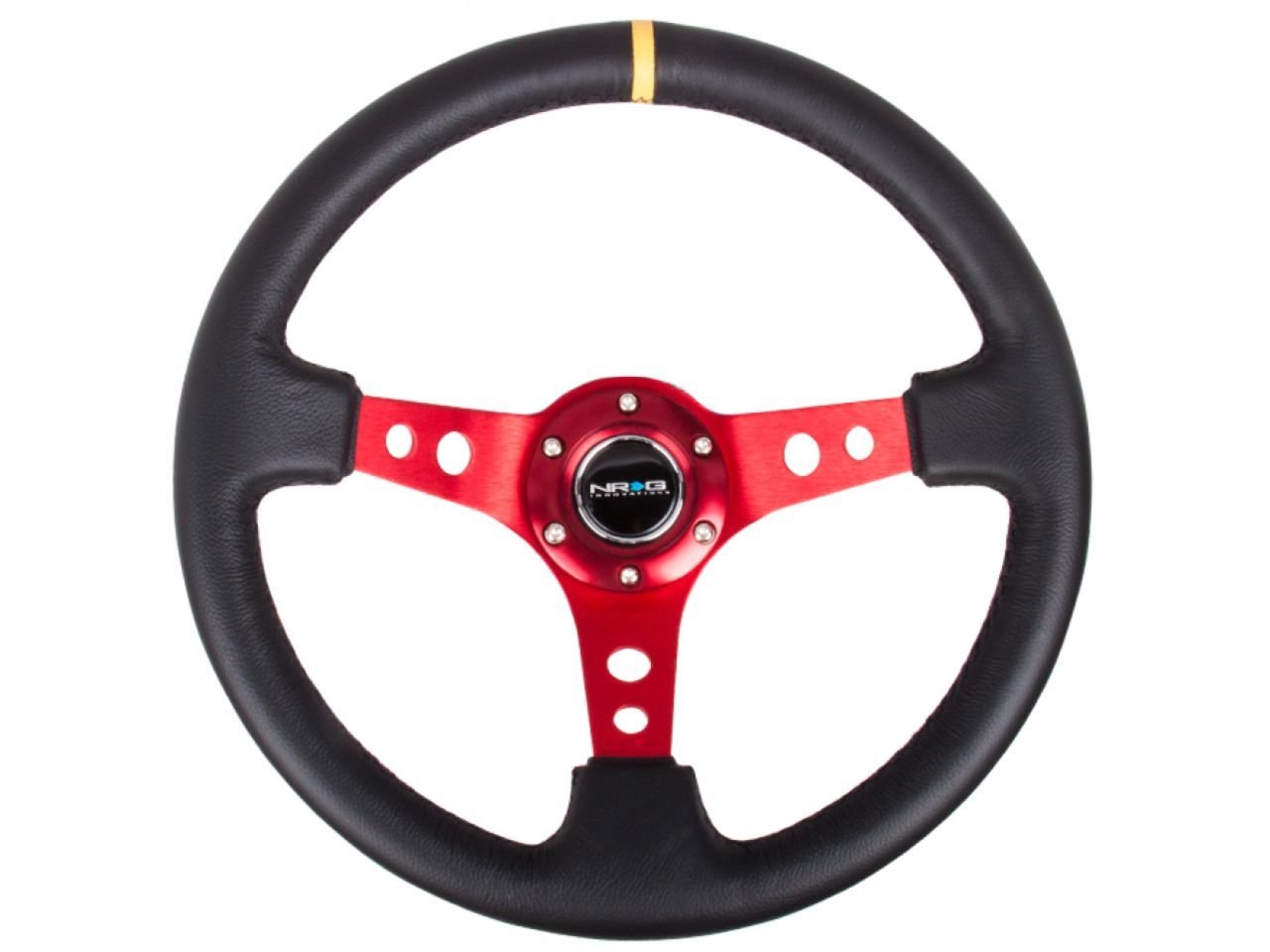 NRG Innovations NRG-RST-006RD-Y Reinforced Steering Wheel - 350mm Sport Steering Wheel (3&quot; Deep) - Red Spoke with Round holes, Black Leather, Yellow Center Mark