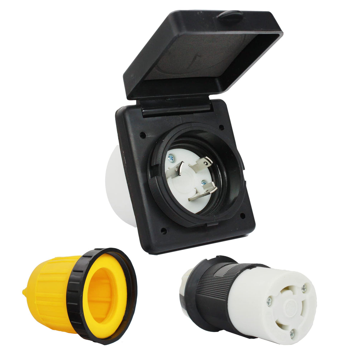 X-Haibei RV 30 Amp Power Inlet Plug Kit, Black 125V NEMA L5-30R Plug, Female Twist Locking Connector with Weatherpoof Cover Boot
