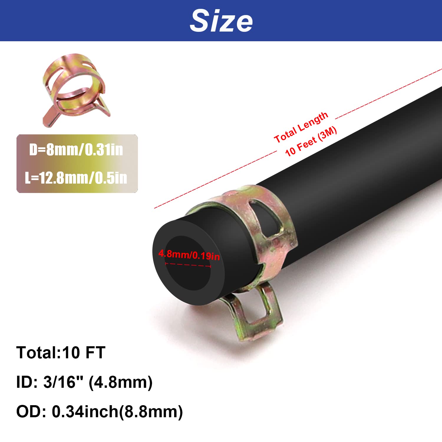 Tnisesm 3/16 Inch Id Fuel Line Hose 10 Feet + 20Pcs 2/5' Id Hose Clamps For Kawasaki Kohler Briggs & Stratton Small Gas Diesel Powersports Engines And Generators
