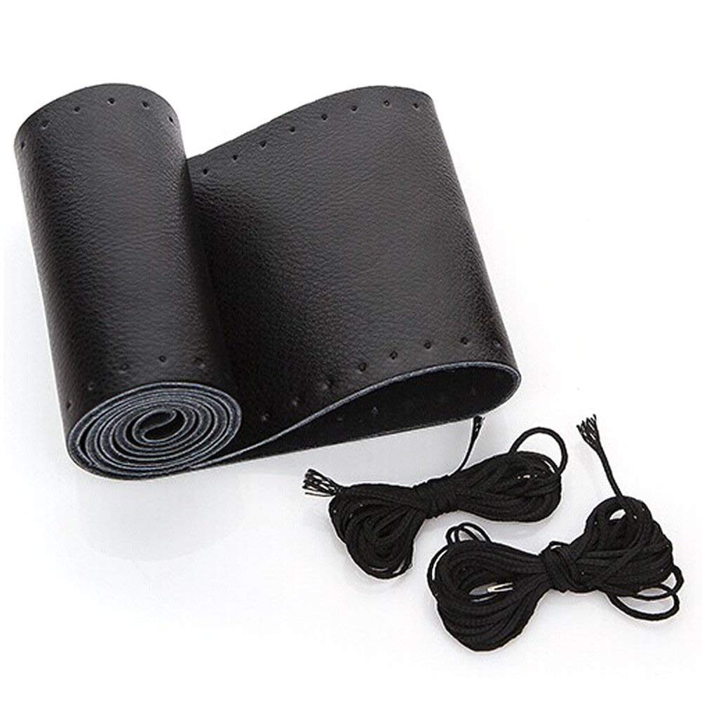 Belinous Leather Steering Wheel Cover Lace Up, Stitch On Wrap, Universal Fit 13-20 Inch Car Truck Suv Pickup Boat, A Whole Piece Of Cowhide, Diy Stitch W/Needle Thread (Size M4, Black)