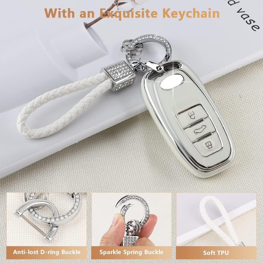 Pifoog Key Fob Cover For Audi 4 Buttons Tpu Soft Keys Case Shell Bling Keychain Car Accessories For Audi Q5 A4 A5 A6 A7 A8 Rs5 Rs7 S4 S5 S6 S7 Sq5 Girly Women White Silver