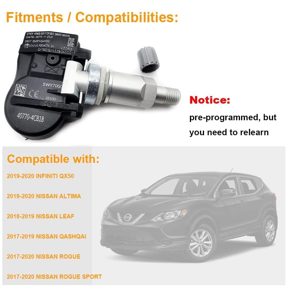 Cheriezing 40770-4CB1B Programmed Tire Pressure Monitoring System (TPMS) Sensor 433MHz Compatible with 2017-2020 QX50/ Altima/Le