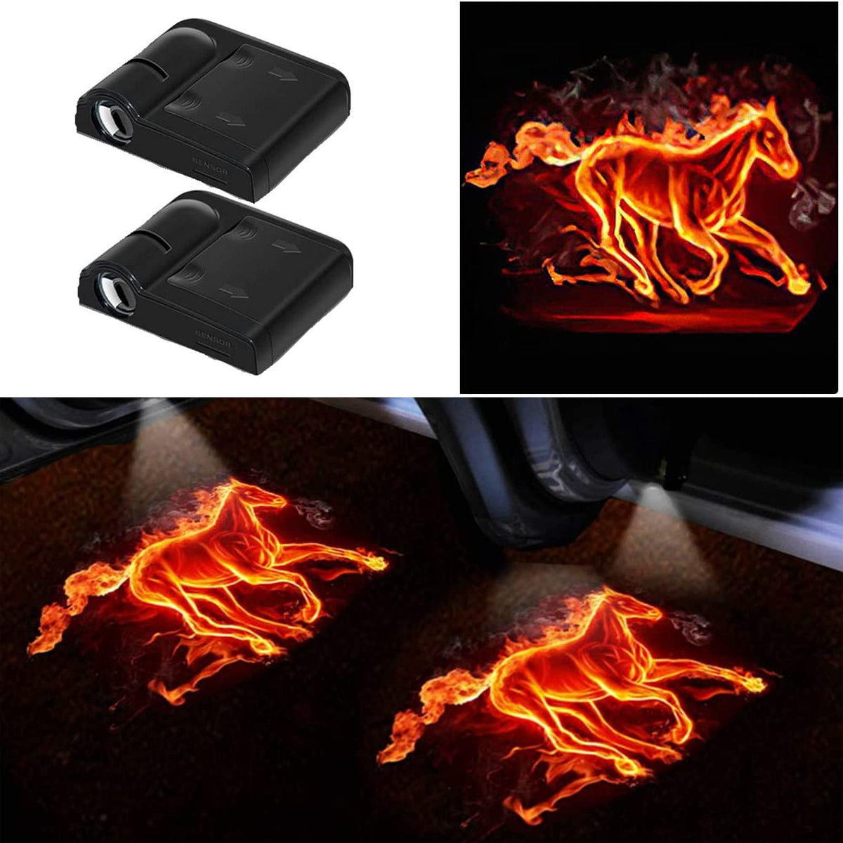 Car Door Lights Logo Projector, 2Pcs Car Door Projector Lights Welcome Courtesy Ghost Shadow Lamp Fit For All Car Models By Flyeego (Fire Horse)