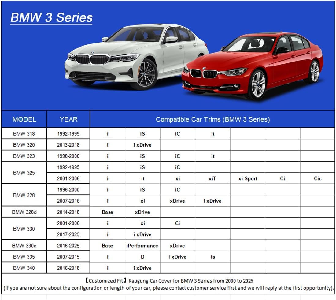 Kaugung Car Cover Waterproof Custom Fit Bmw 3 Series(1999-2025), Full Exterior Cover For Automobiles Lightweight Resistant Outdo