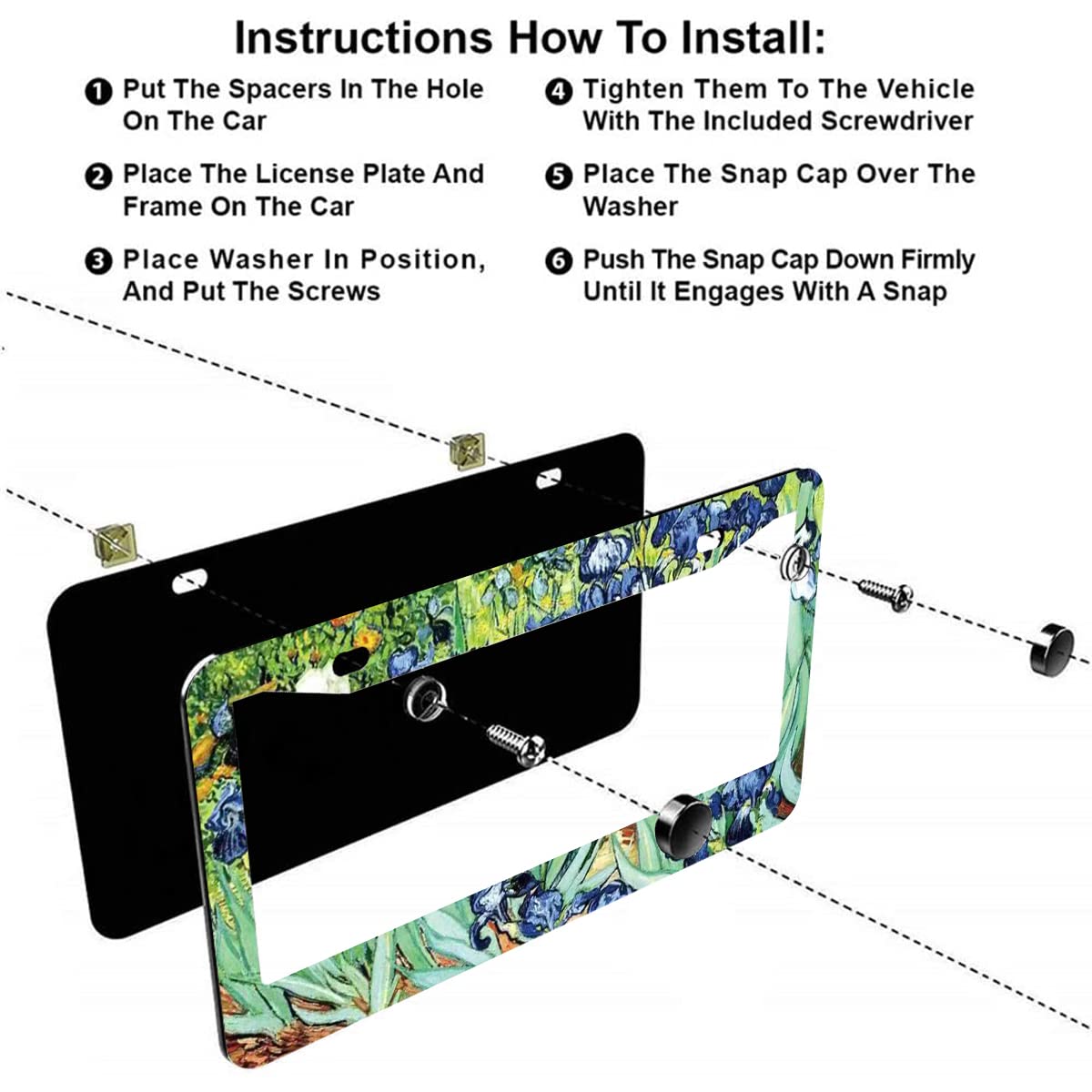 2Pcs Irises Watercolor Iris Floral License Plate Frames Cover Holders Stainless Steel License Plate Cover With Screw Caps Cover