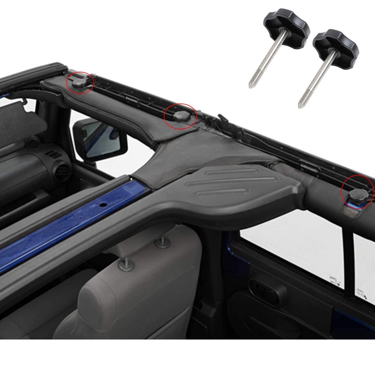 Kolemo 2 Pcs Soft Top Window Frame Knobs With Pin Compatible With For 1997-2018 Jeep Wrangler Tj Jk 2004 2005 2006 2007 2008 2009 2010 2011 2012 2013 2014 2015 2016 2017 Door Surround Knob Screws Kit