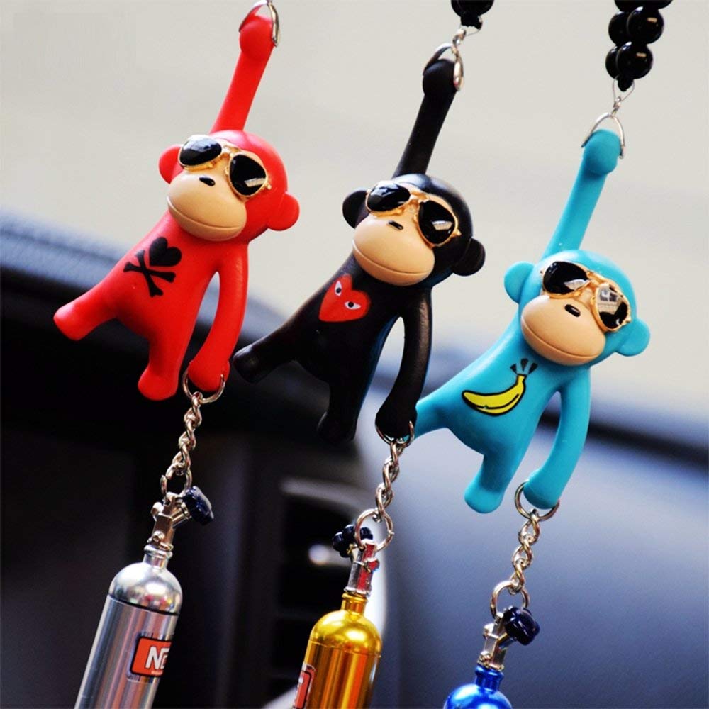 Ygmoner Wearing Sunglasses Monkey Car Interior Rear View Mirror Hanging Ornaments (Red & Nitrogen Bottle)
