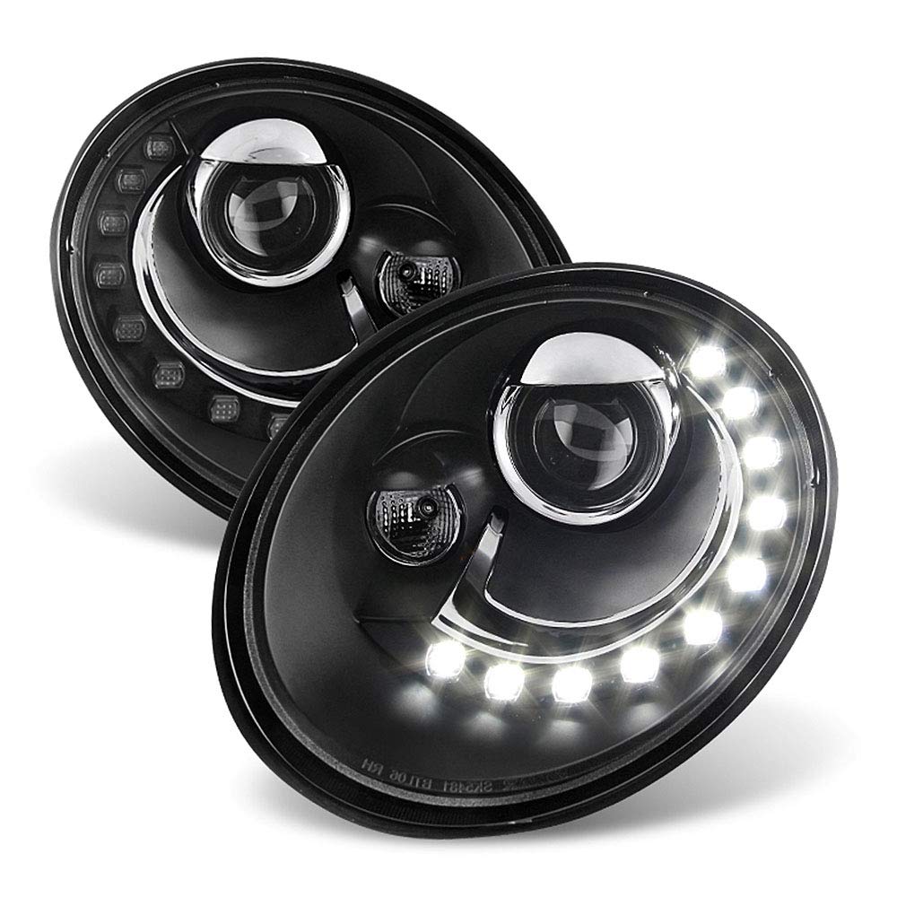 Acanii - For 2006-2010 Volkswagen Beetle Led Drl Black Housing Projector Headlights Headlamps, Driver & Passenger Side