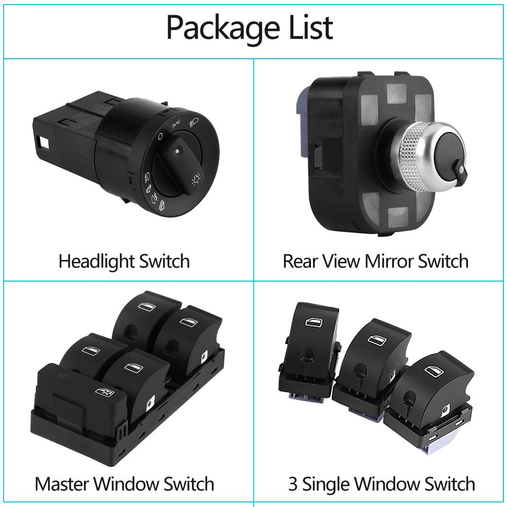 Headlight Switch, 6Pcs Car Headlight Mirror Window Master Control Switch Kit For A4 B6 B7 2002-2008