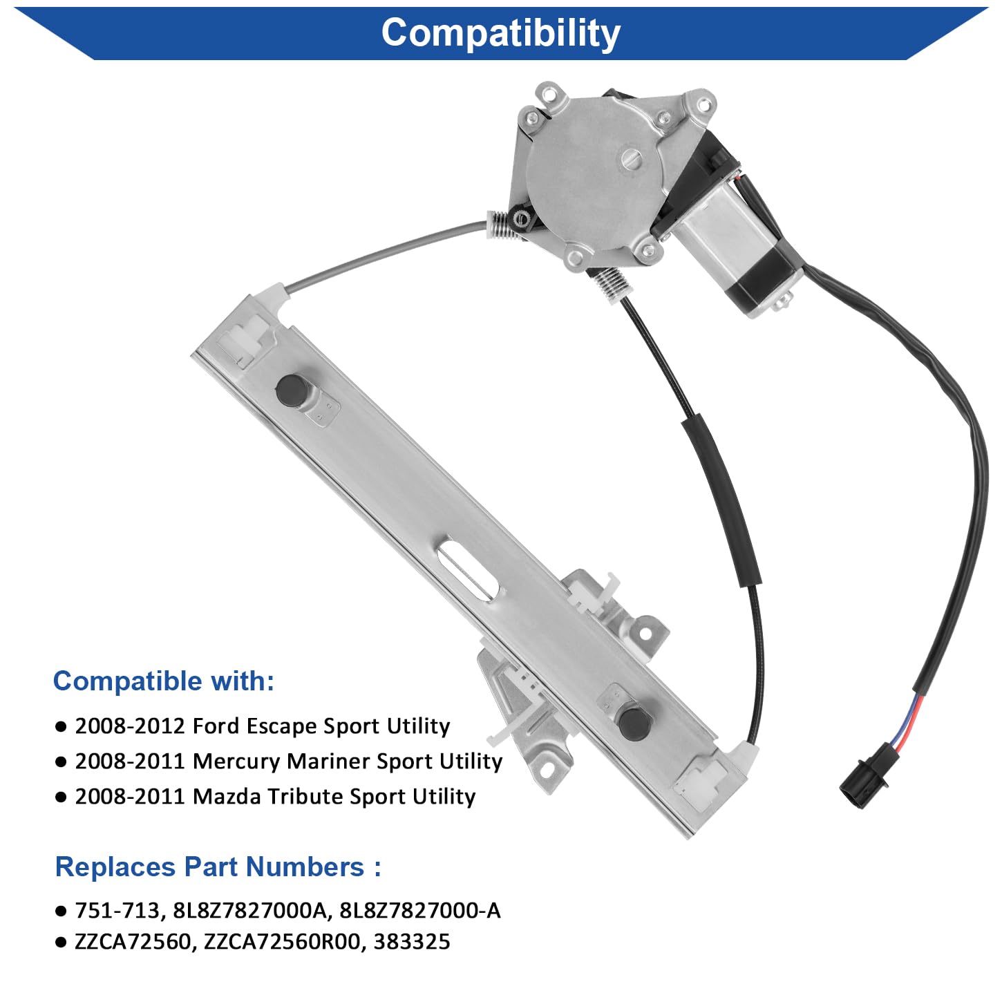 Obaee 751-713 Rear Right Passenger Side Power Window Regulator with Motor Compatible with Ford Escape 2008 2009 2010 2011 2012,