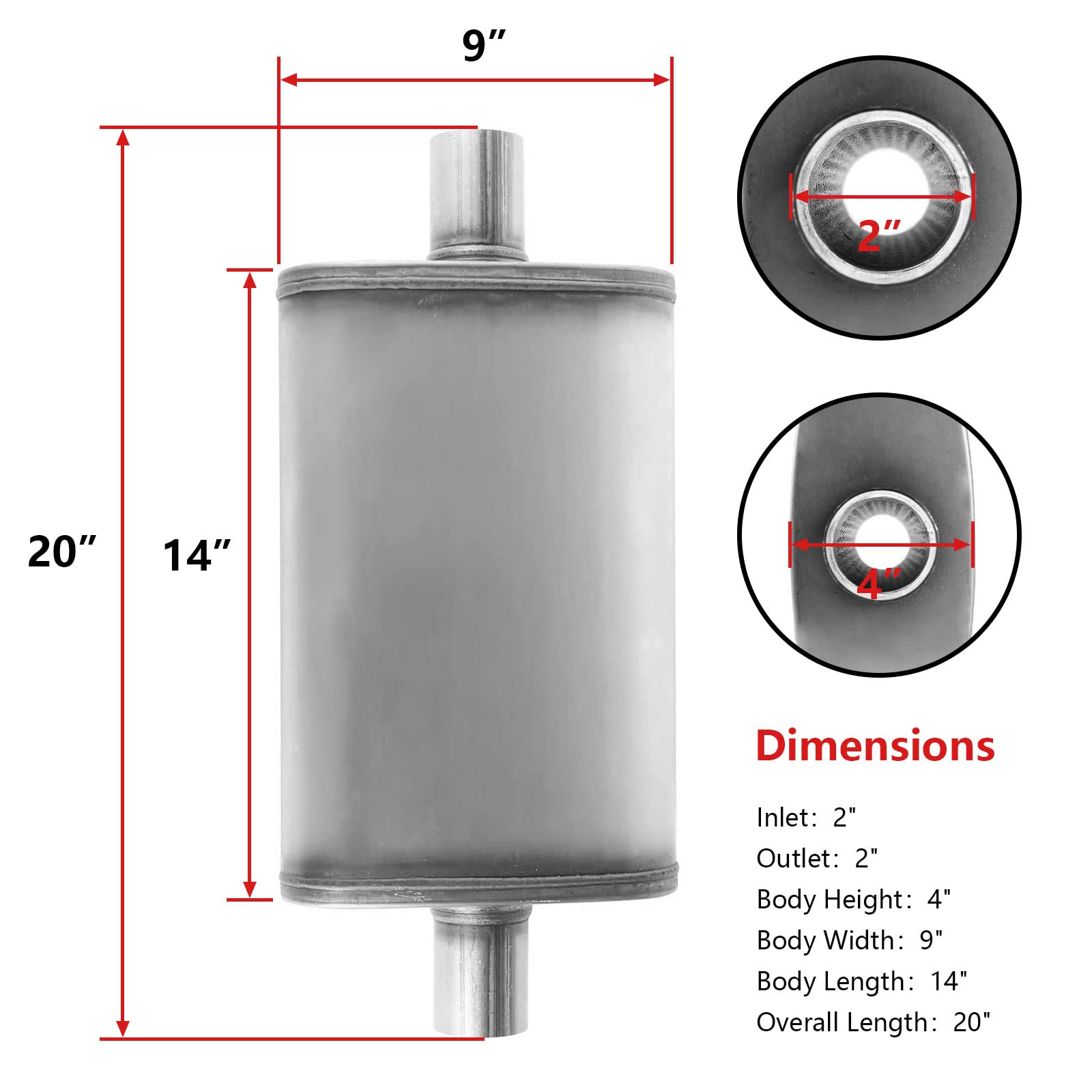 2 Inch Inlet/Outlet Exhaust Muffler, Straight-Through Chamber Performance Muffler Resonator With Universal Stainless Steel For C