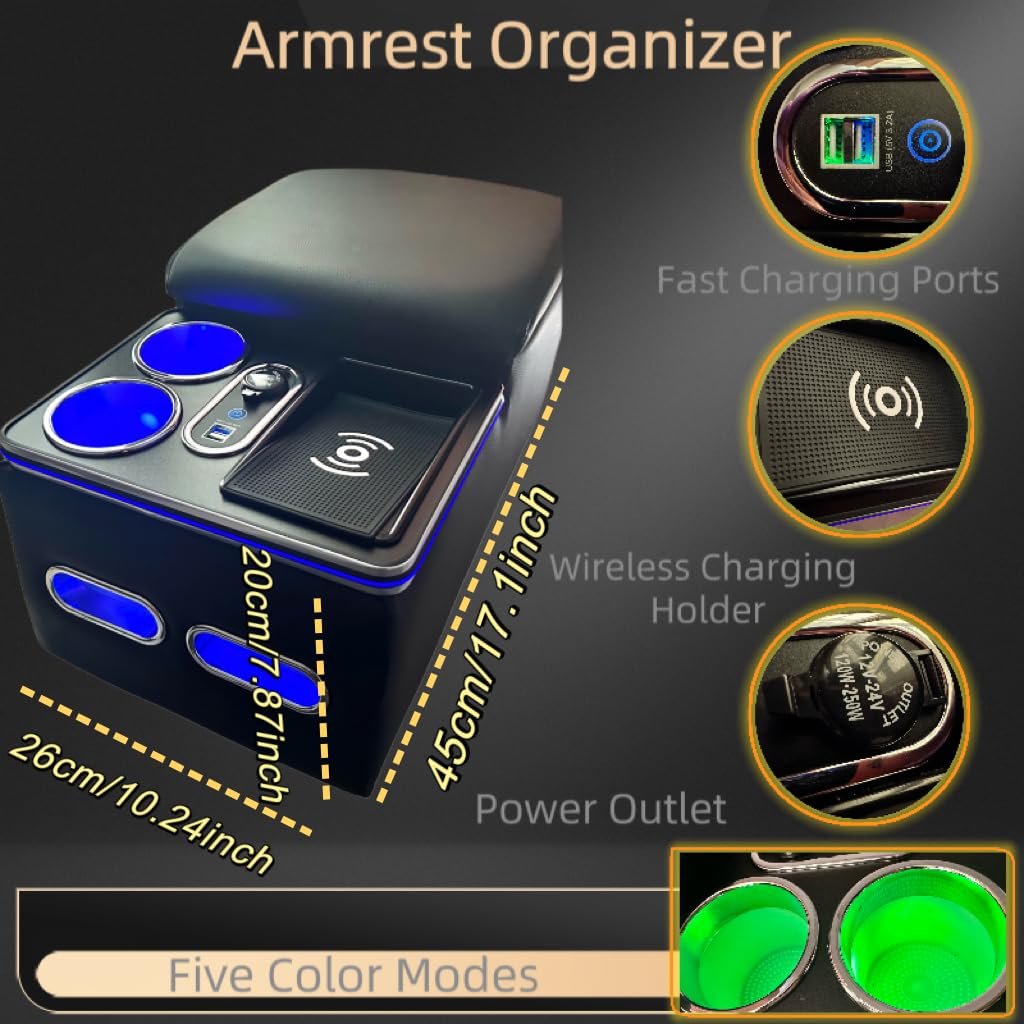 Colofree Center Console Armrest Organizer - Wireless Charging, Faux Leather, Black, Model FSX-001 for Car, Minivan, Truck, Van