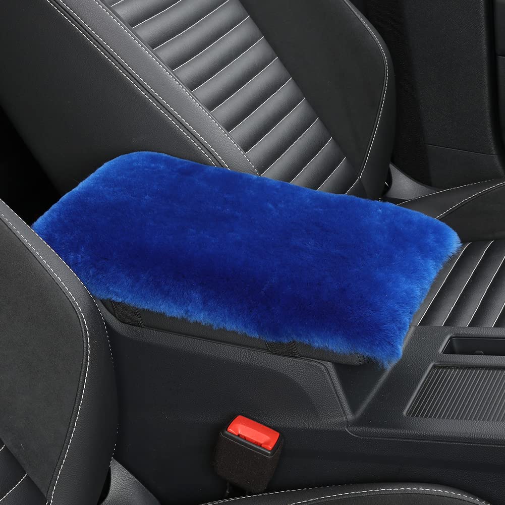 Iriwool Sheepskin Armrest Cover Auto Center Armrest Cover Car Soft Console Pad, Fluffy Wool Auto Center Console Cover For Most Car Arm Rest Decoration Protector 7 X 13 Inch (Shearling, Blue)