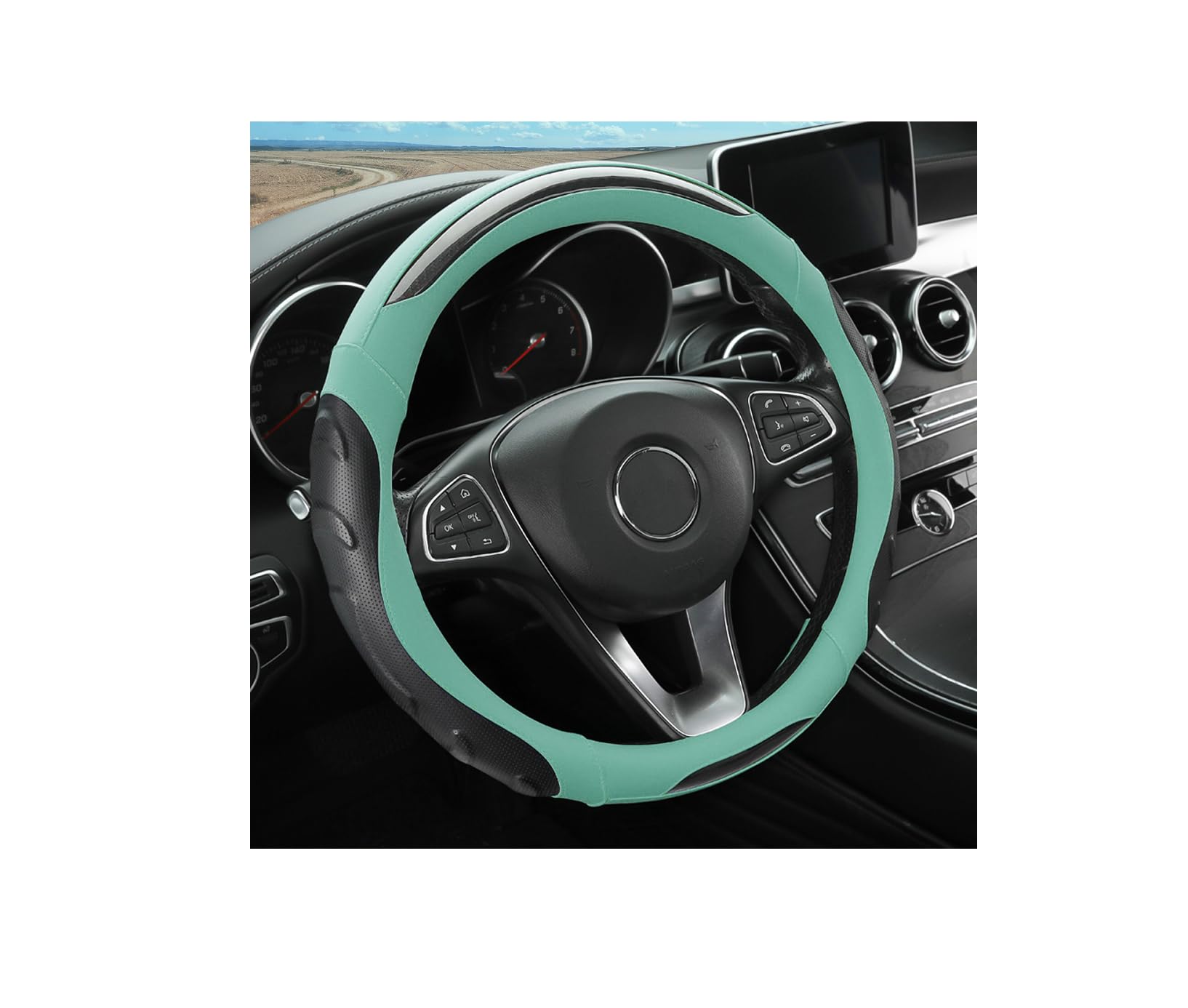 Leather Steering Wheel Cover, Auto Car Stretch Steering Wheel Protector, Universal 15 Inch Anti-Slip Breathable Odorless Steering Wheel Cover For Men Women (Black/Blue)