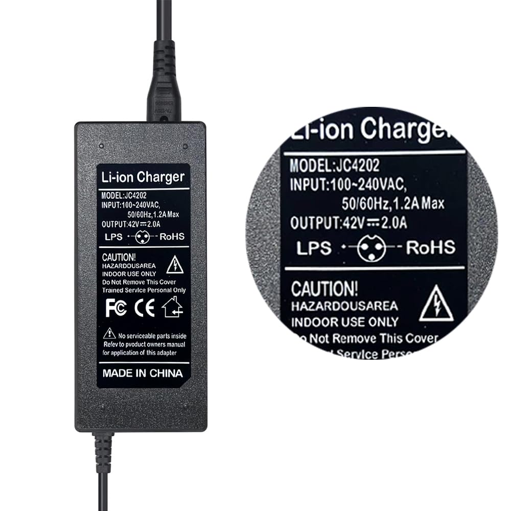 42V 2A Charger 5 Plugs Universal for 36V Lithium Battery, Pack DC 5.5 * 2.1 with 8mm 3 Prong Connector /12mm 3 Prong Connector /