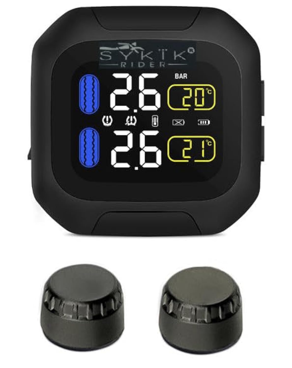 Sykik Rider SRTP300 Wireless tire Pressure Monitoring System for Motorcycles with 1.5” Monitor. Check Your tire Pressure While Riding