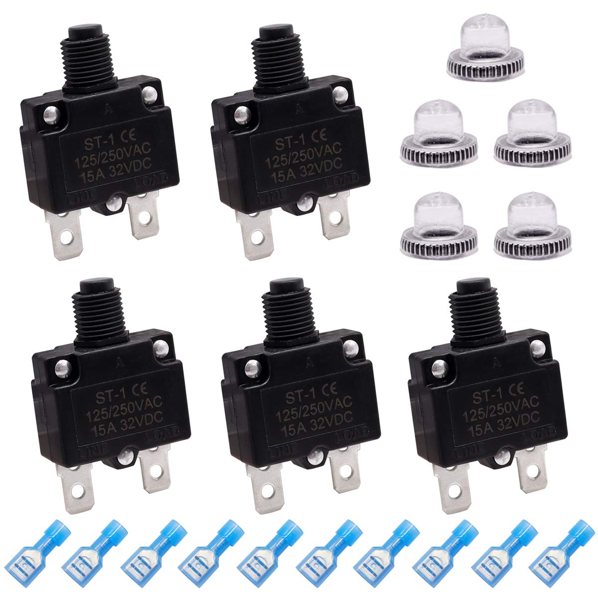 Mxuteuk 5Pcs 15Amp Circuit Breakers Push Button Manual Reset 125/250V Ac 32V Dc,Overload Protector Switch Thermal Circuit Breakers With Quick Connect Terminals And Waterproof Button Caps St1-5-15A