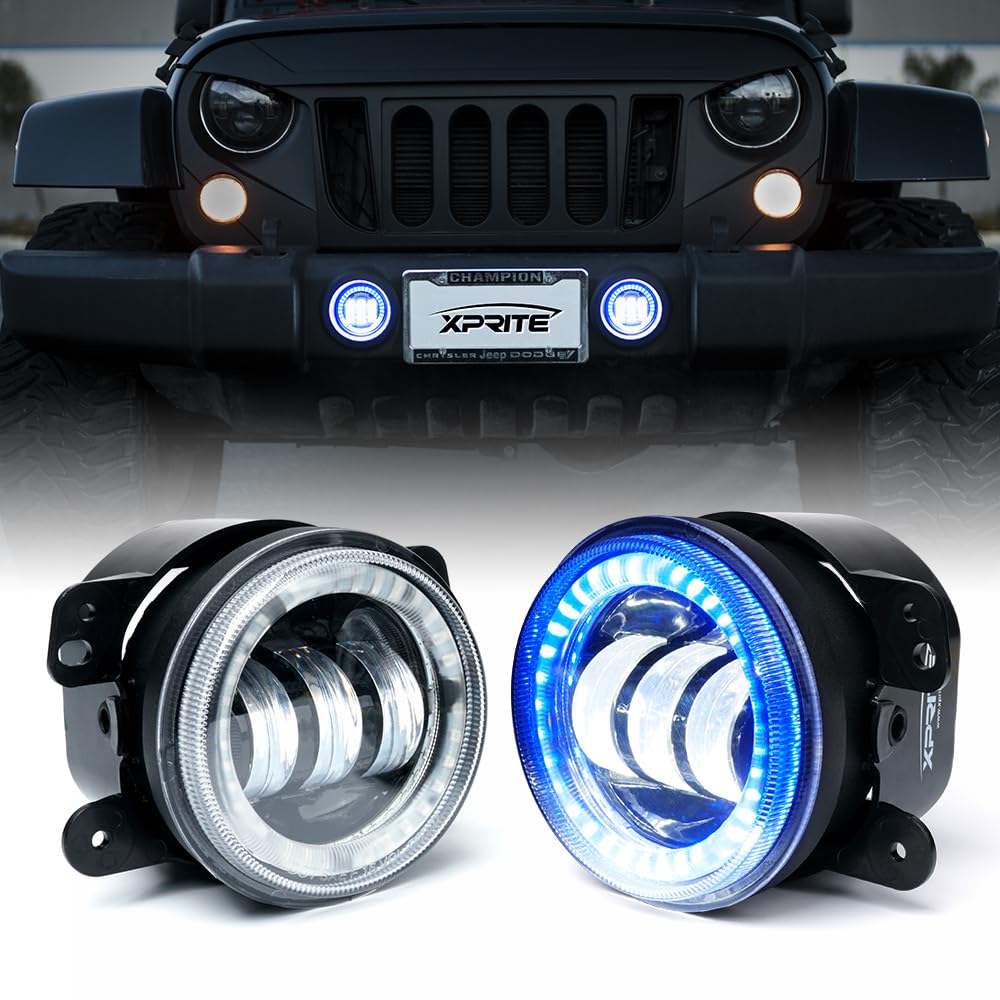 Xprite 4'' Inch Fog Lights, 60W Led Foglight With Blue Halo Ring Angle Eye Drl Compatible With 2007-2018 Jeep Wrangler Jk Off Ro