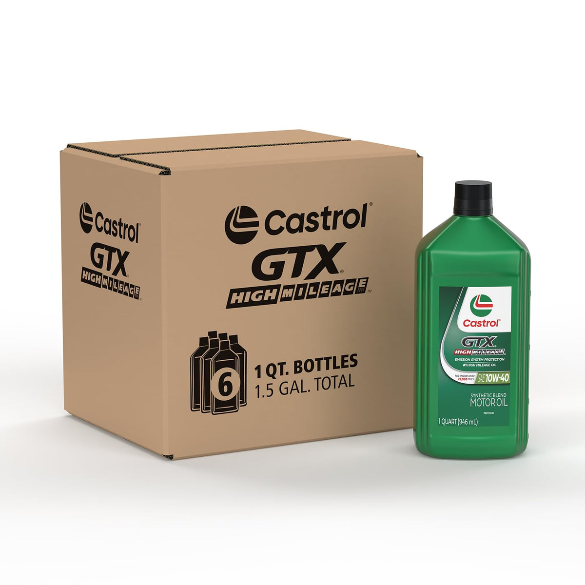 Castrol Gtx High Mileage 10W-40 Synthetic Motor Oil, 1 Quart, Pack Of 6