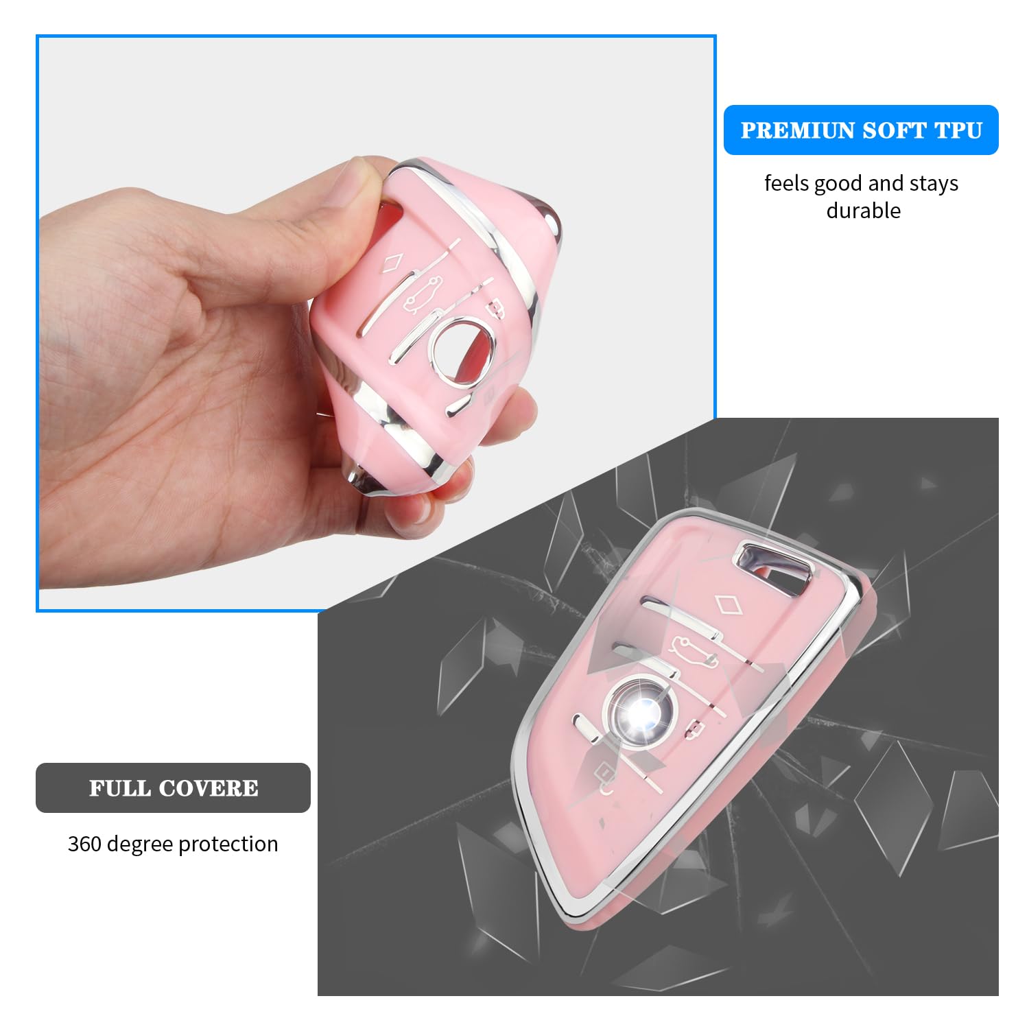 Qbuc For Bmw Key Fob Cover With Leather Keychain,For Bmw 2 5 6 7 Series X1 X2 X3 X5 X6 X7 Premium Soft Tpu Key Fob Holder (1-Pin