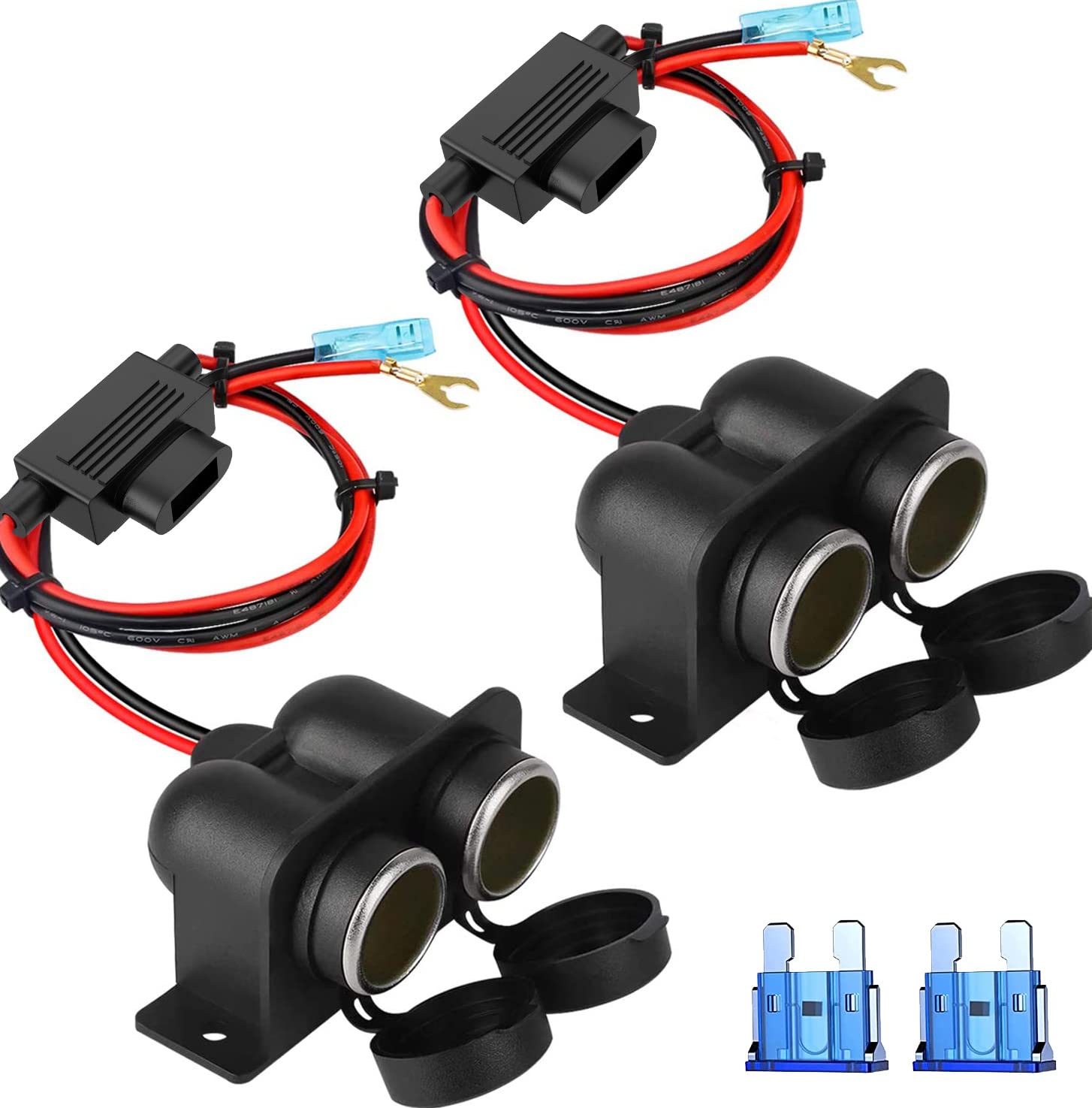 Cigarette Lighter Socket, Waterproof&Dustproof Cigarette Lighter Splitter for car truck motorbike boat, with 15A Blade Fuses (CL