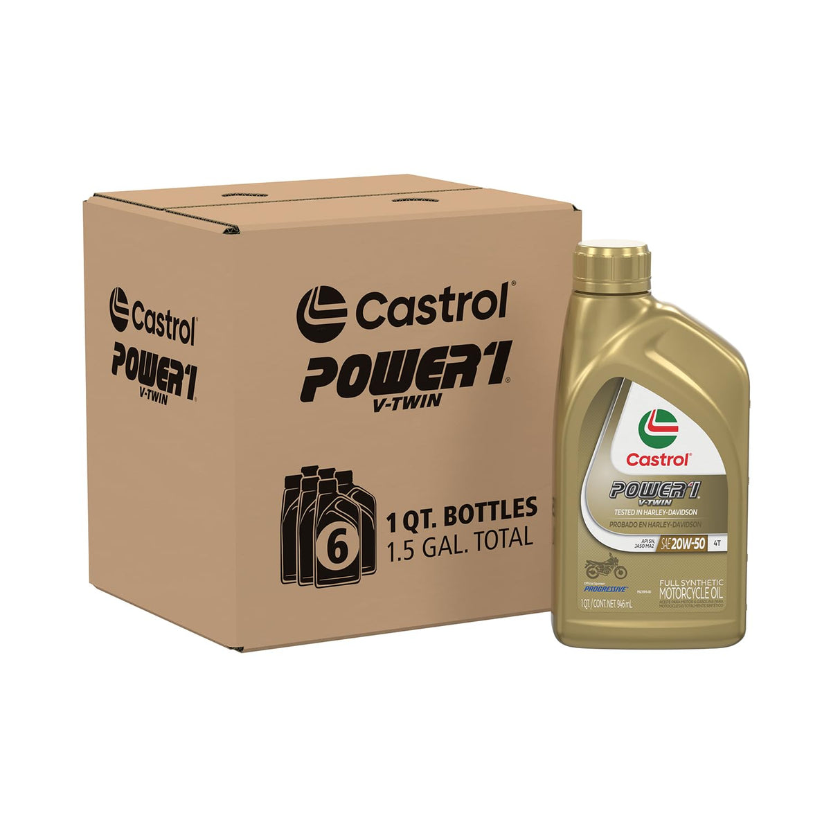 Castrol Power1 V-Twin 20W-50 Full Synthetic Motorcycle Oil, 1 Quart, Pack Of 6