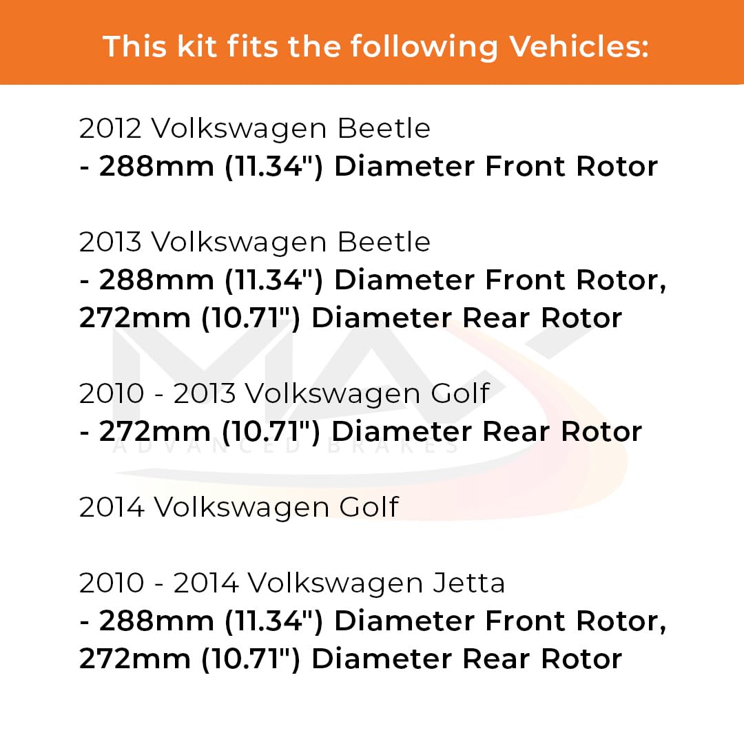 Max Advanced Brakes Front & Rear Brake Kit For 2010-2014 Vw Jetta 2012-2013 Beetle W/11.34' Front Rotor 2010-2014 Golf Replacement Geomet Coated Oe Disc Brake Rotors And Ceramic Brake Pads