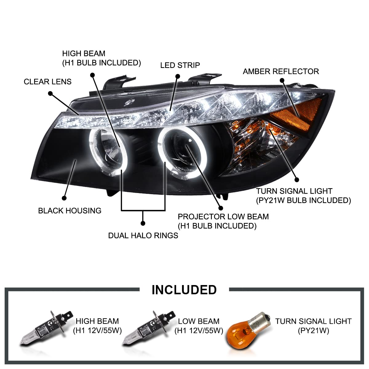 Spec-D Tuning LED Strip Black Projector Headlights Compatible with 2006-2008 BMW E90 3-Series 4 Door Sedan, Left + Right Pair He