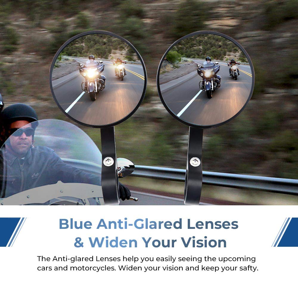 Kemimoto Motorcycle Handlebar Bar End Mirrors, Cnc Aluminum Rearview Mirror Blue Lense Anti Glare Universal 7/8 Round Compatible With Most Motorcycle, E-Bike, Scooters, Atv, Utv
