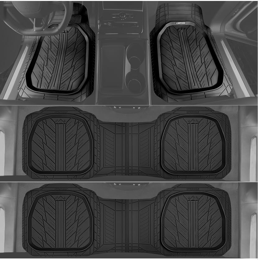 Car Pass 3 Row Heavy Duty Rubber Car Mats, Deep-Dish All-Weather Floor Mats For 7 Seats 8 Seater 2Nd & 3Rd, Waterproof Universal